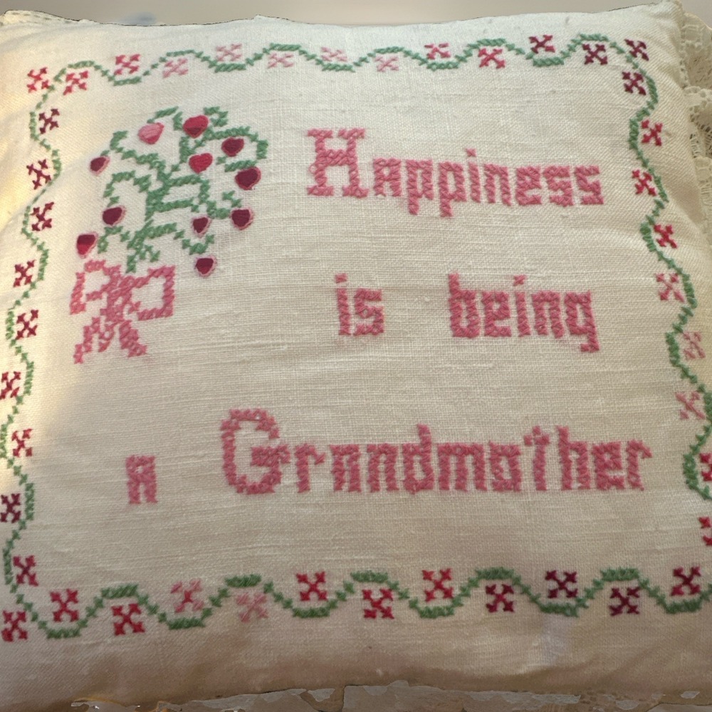 Cross Stitch Pillow Happiness is Being a Grandmother Pink Ruffles Granny Vintage